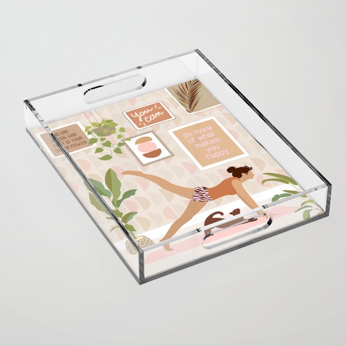 Yoga Girl Power with cat & plants Acrylic Tray Gallery Image 1