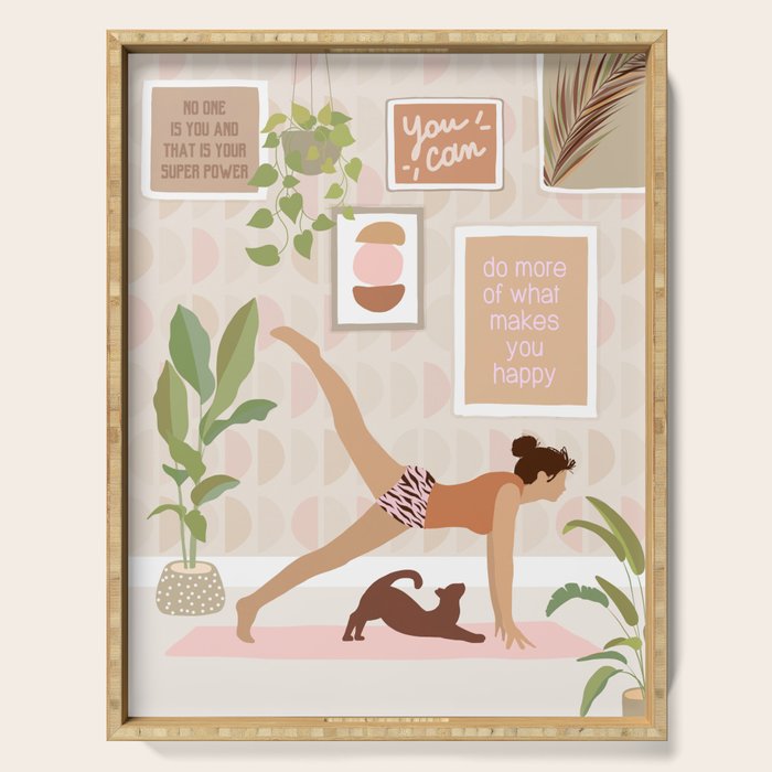 Yoga Girl Power with cat & plants Serving Tray Gallery Image 1