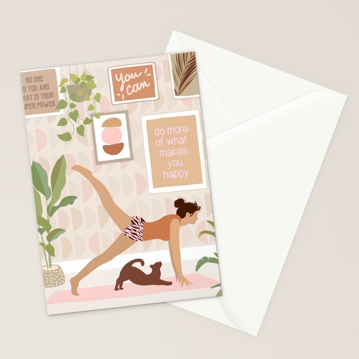 Yoga Girl Power with cat & plants Stationery Card Gallery Image 2