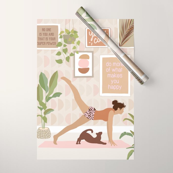 Yoga Girl Power with cat & plants Wrapping Paper Gallery Image 1