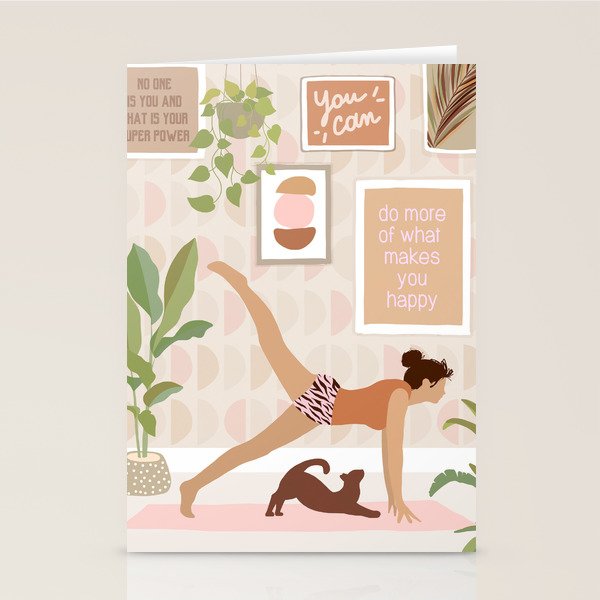 Yoga Girl Power with cat & plants Stationery Card Gallery Image 1