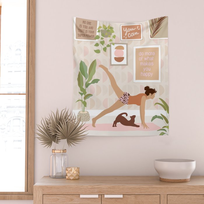 Yoga Girl Power with cat & plants Wall Tapestry Gallery Image 2