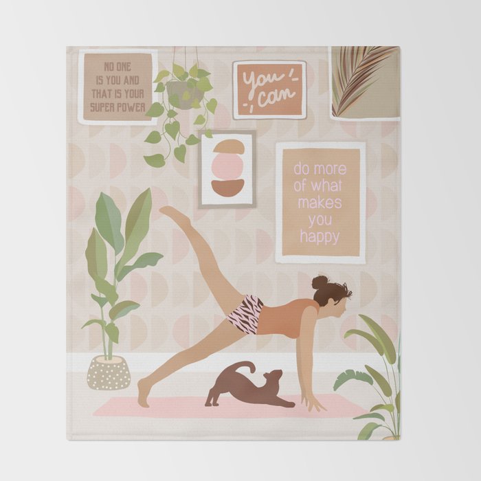 Yoga Girl Power with cat & plants Throw Blanket Gallery Image 2
