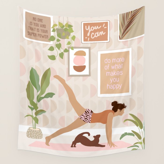 Yoga Girl Power with cat & plants Wall Tapestry Gallery Image 4