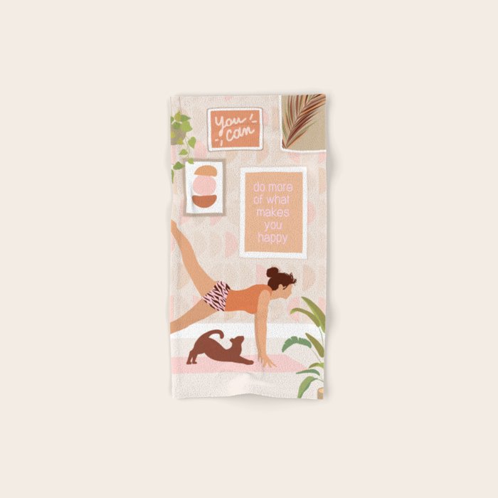 Yoga Girl Power with cat & plants Bath Towel Gallery Image 1
