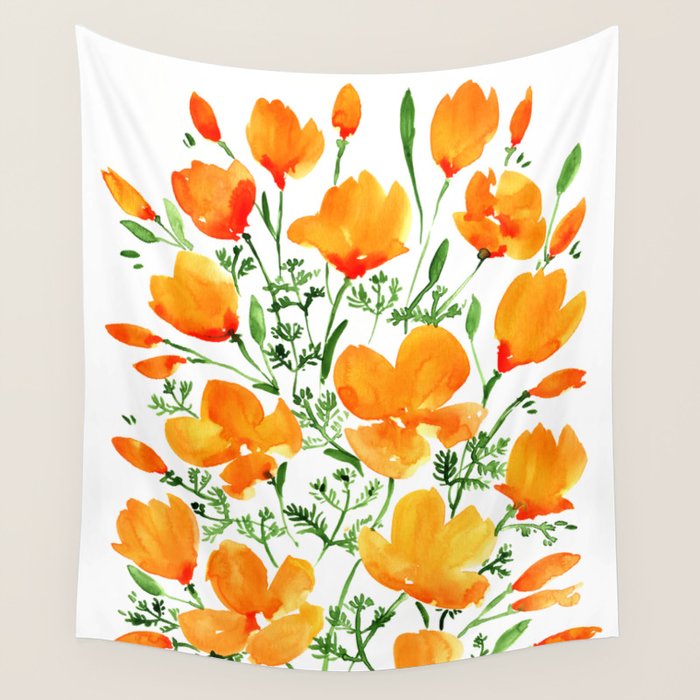 Watercolor California poppies Wall Tapestry Gallery Image 1