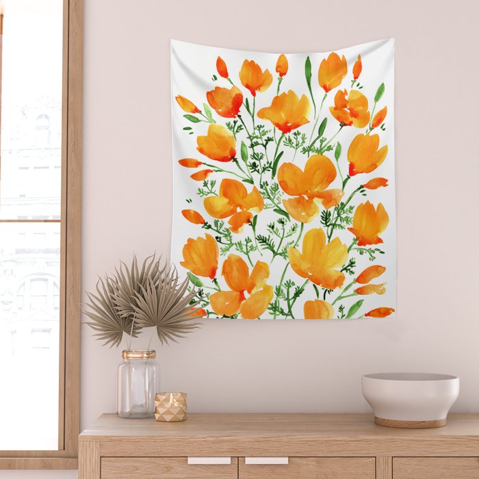 Watercolor California poppies Wall Tapestry Gallery Image 2