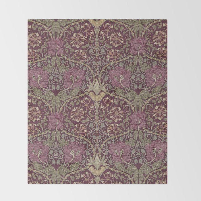 William MorrisVintage Honeysuckle & Tulip Red Wine Bayleaf Floral Throw Blanket Gallery Image 2