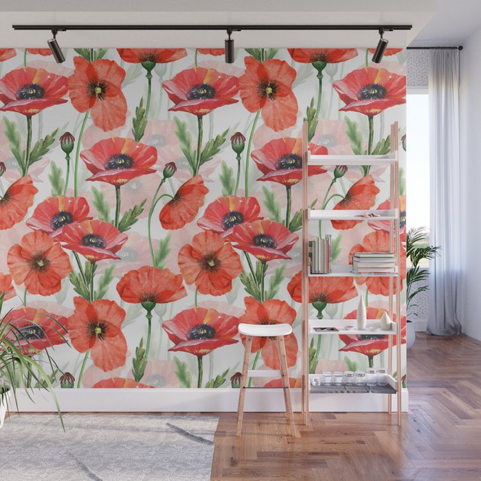 Summer Botanical Poppies Field Wall Mural Gallery Image 1