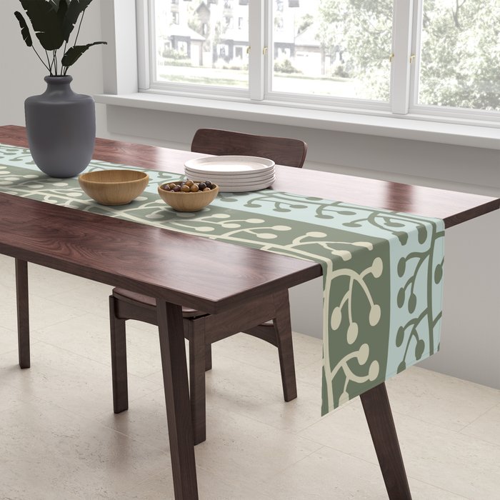 Mid Century Modern Berry Vine Sage and Mint Green Table Runner Gallery Image 2