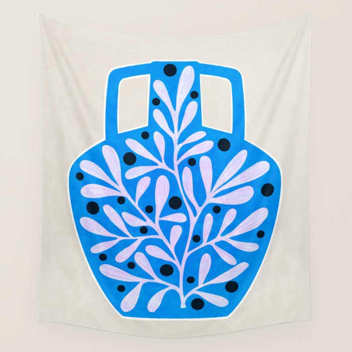 Mediterramean blue vase and leaves Wall Tapestry Gallery Image 4