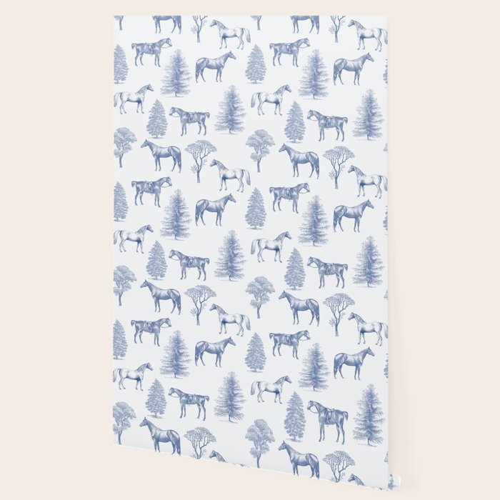 HORSES and TREES Blue Monochrome Toile Pattern  Wallpaper Gallery Image 2