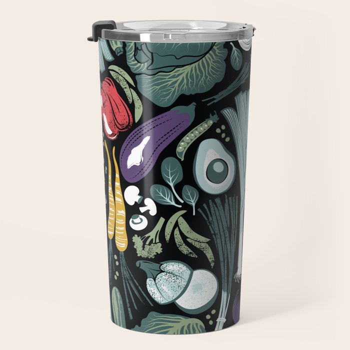 Go veggie // black background sage green mint goldenrod yellow coral and purple beet vegetables Travel Mug Gallery Image 3