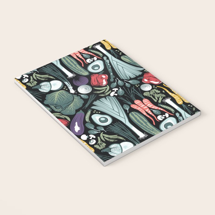 Go veggie // black background sage green mint goldenrod yellow coral and purple beet vegetables Notebook Gallery Image 3