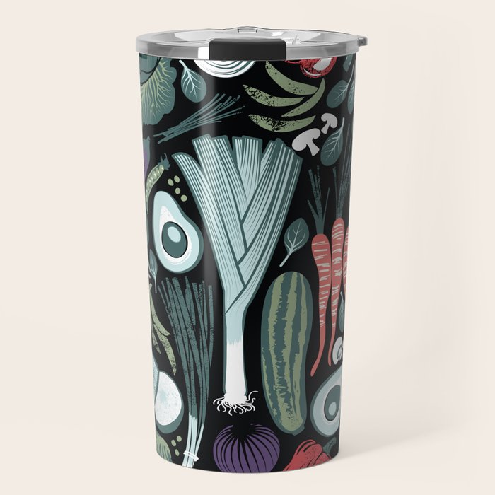 Go veggie // black background sage green mint goldenrod yellow coral and purple beet vegetables Travel Mug Gallery Image 1
