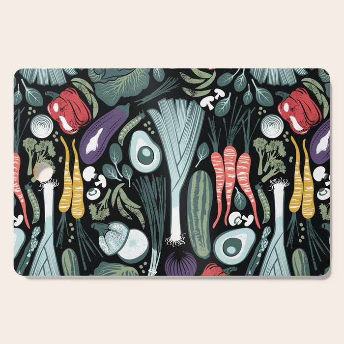 Go veggie // black background sage green mint goldenrod yellow coral and purple beet vegetables Cutting Board Gallery Image 1