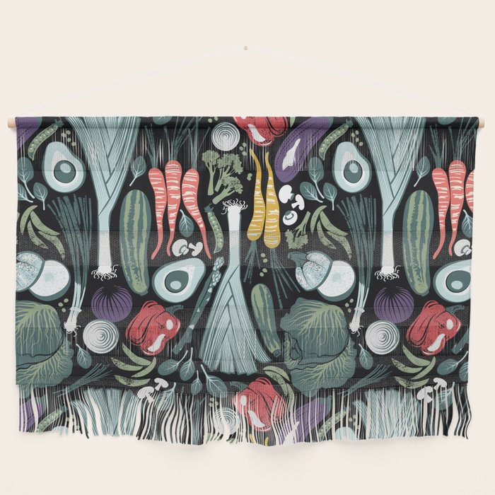 Go veggie // black background sage green mint goldenrod yellow coral and purple beet vegetables Wall Hanging Gallery Image 1