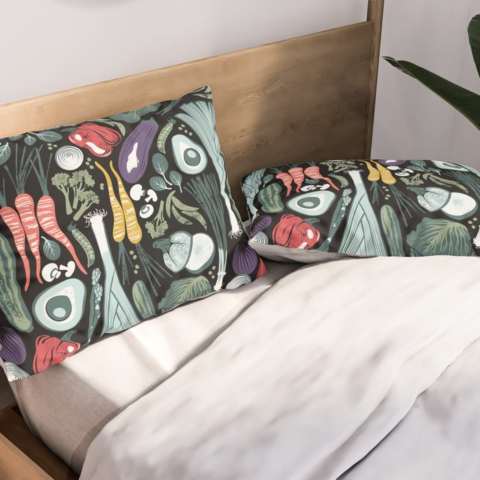 Go veggie // black background sage green mint goldenrod yellow coral and purple beet vegetables Pillow Sham Gallery Image 2