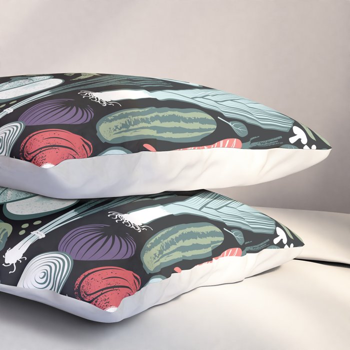 Go veggie // black background sage green mint goldenrod yellow coral and purple beet vegetables Pillow Sham Gallery Image 3