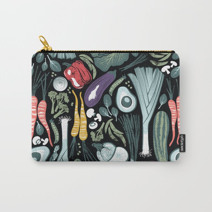 Go veggie // black background sage green mint goldenrod yellow coral and purple beet vegetables Carry All Pouch