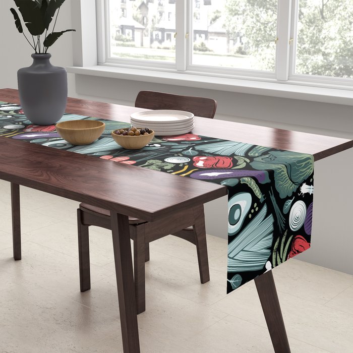 Go veggie // black background sage green mint goldenrod yellow coral and purple beet vegetables Table Runner Gallery Image 2