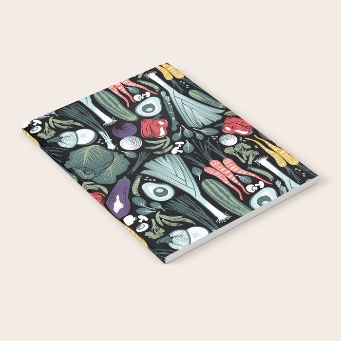 Go veggie // black background sage green mint goldenrod yellow coral and purple beet vegetables Notebook Gallery Image 1