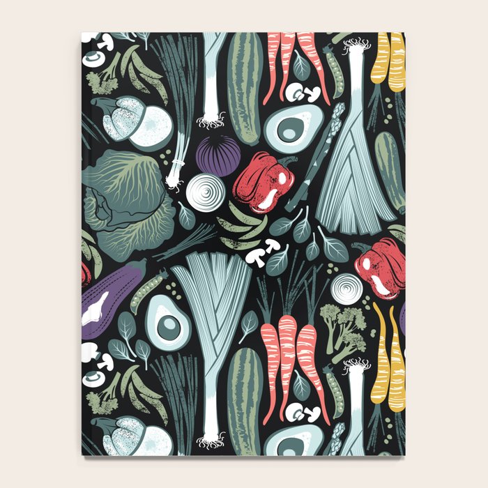Go veggie // black background sage green mint goldenrod yellow coral and purple beet vegetables Notebook Gallery Image 4