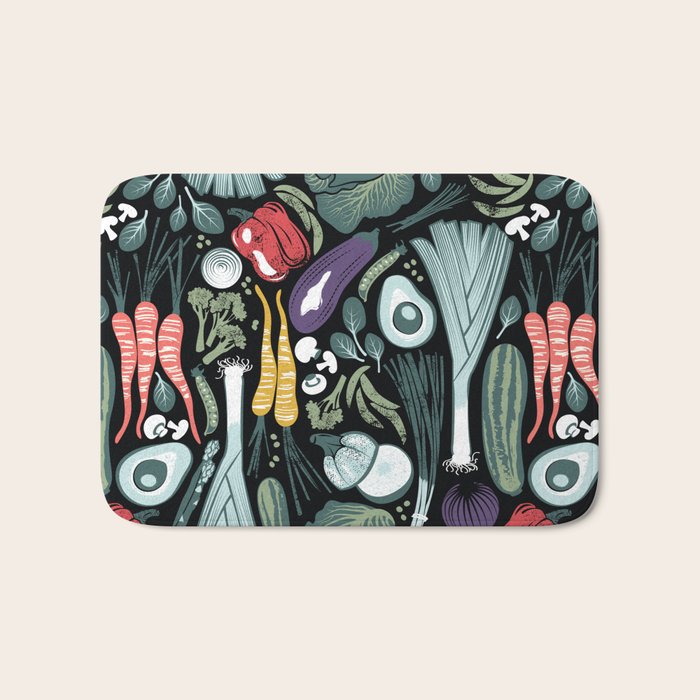 Go veggie // black background sage green mint goldenrod yellow coral and purple beet vegetables Bath Mat Gallery Image 1