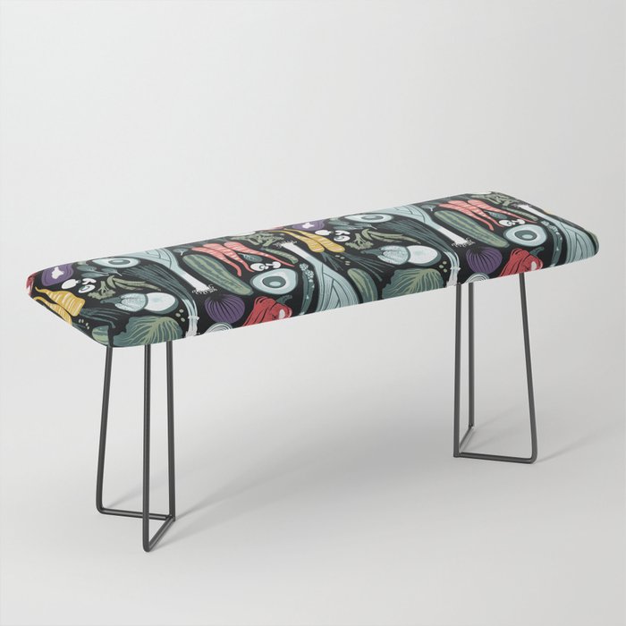 Go veggie // black background sage green mint goldenrod yellow coral and purple beet vegetables Bench Gallery Image 1