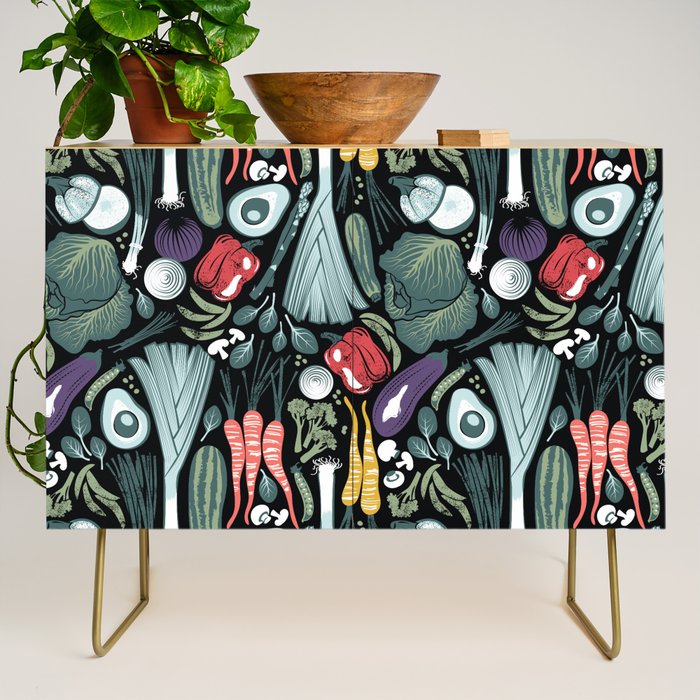 Go veggie // black background sage green mint goldenrod yellow coral and purple beet vegetables Credenza Gallery Image 1