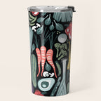 Go veggie // black background sage green mint goldenrod yellow coral and purple beet vegetables Travel Mug Gallery Image 2