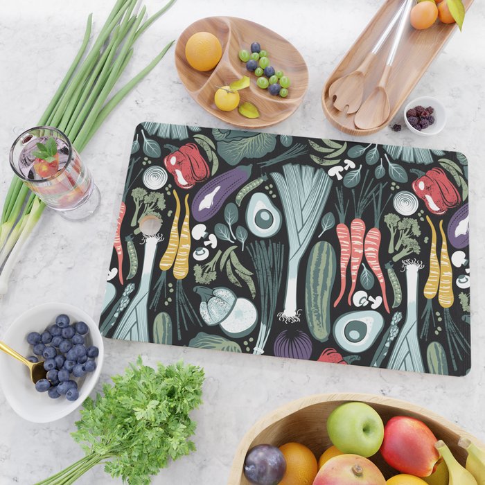 Go veggie // black background sage green mint goldenrod yellow coral and purple beet vegetables Cutting Board Gallery Image 2