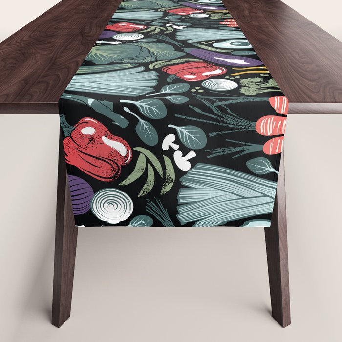 Go veggie // black background sage green mint goldenrod yellow coral and purple beet vegetables Table Runner Gallery Image 1