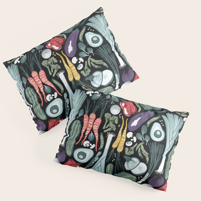 Go veggie // black background sage green mint goldenrod yellow coral and purple beet vegetables Pillow Sham Gallery Image 3