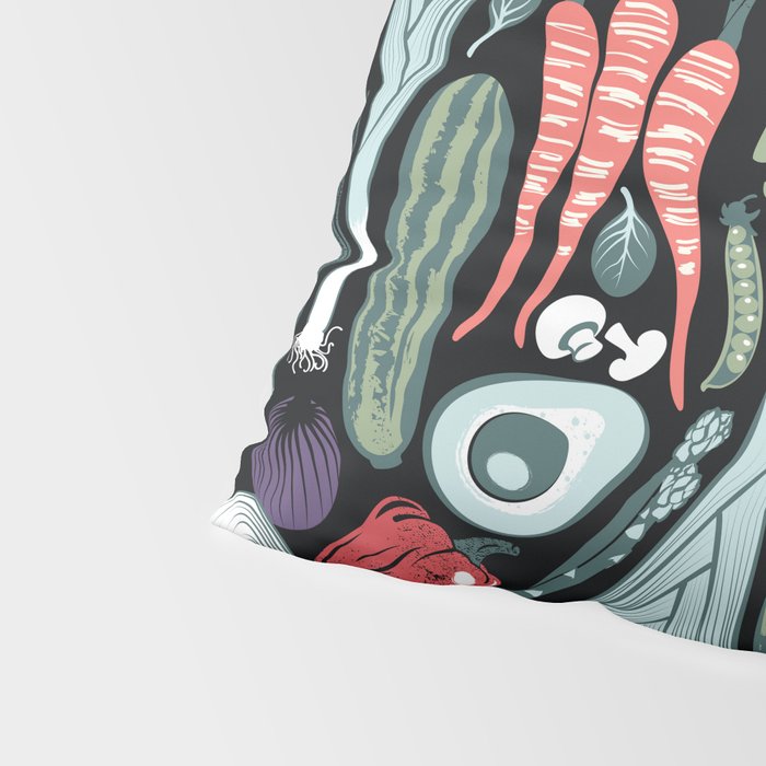 Go veggie // black background sage green mint goldenrod yellow coral and purple beet vegetables Pillow Sham Gallery Image 4
