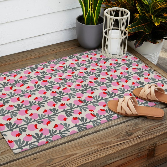 Minimal nordic flower pink Outdoor Rug Gallery Image 2