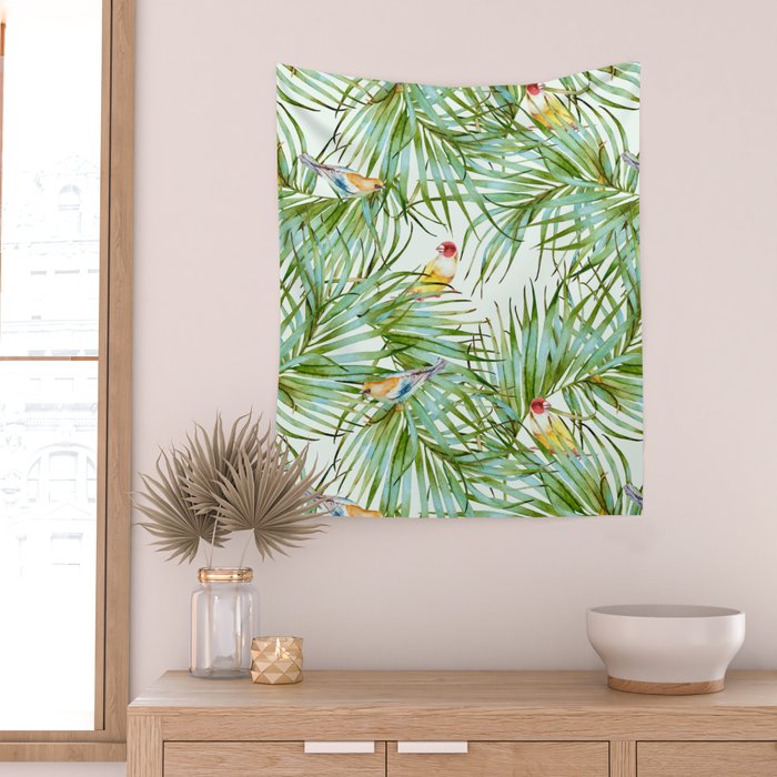 Birds on the leaves of the jungle Wall Tapestry Gallery Image 2