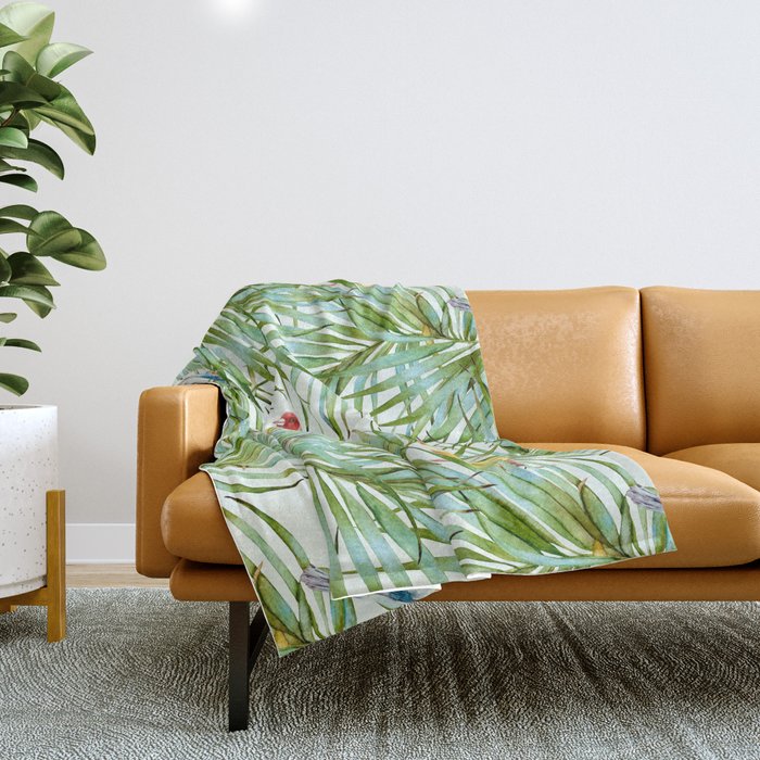 Birds on the leaves of the jungle Throw Blanket Gallery Image 1
