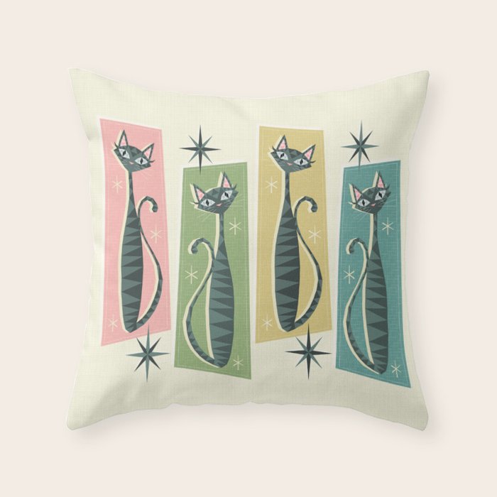 Retro Patchwork Tabbies ©studioxtine Throw Pillow Gallery Image 1