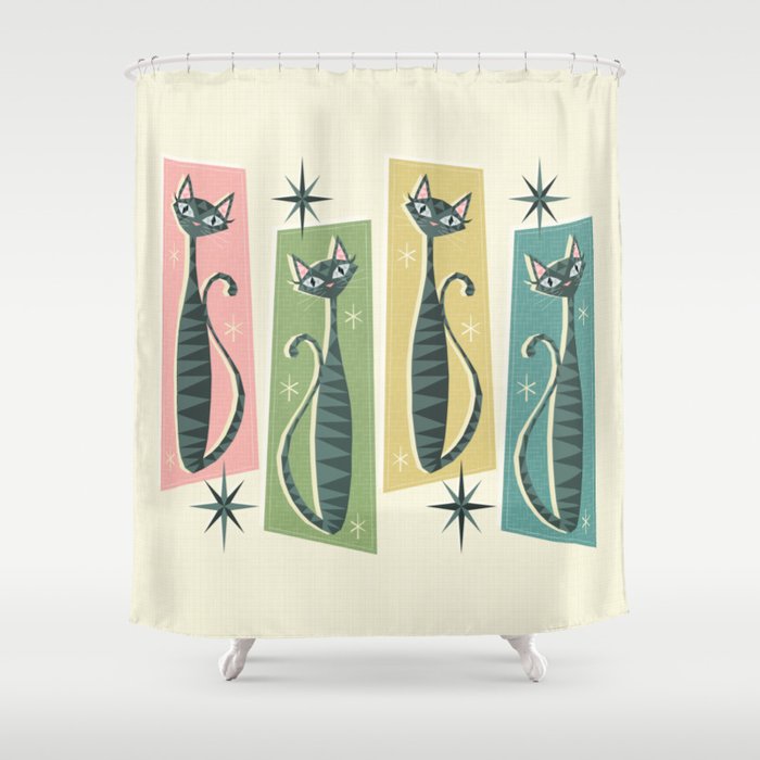 Retro Patchwork Tabbies ©studioxtine Shower Curtain Gallery Image 1