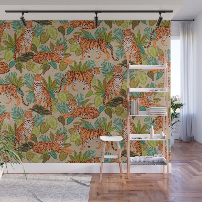 Jungle Tigers In Sand Brown Wall Mural Gallery Image 1