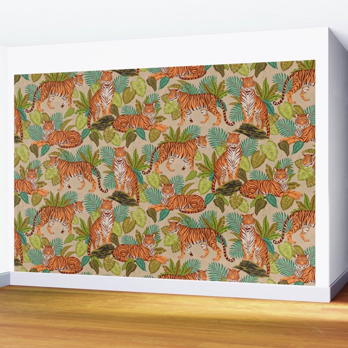 Jungle Tigers In Sand Brown Wall Mural Gallery Image 2