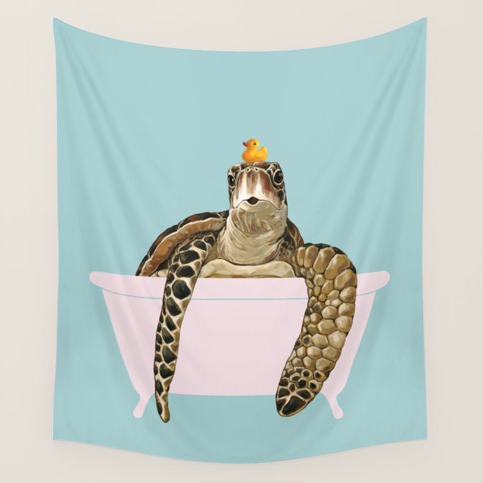 Sea Turtle in Bathtub in Blue Wall Tapestry Gallery Image 4