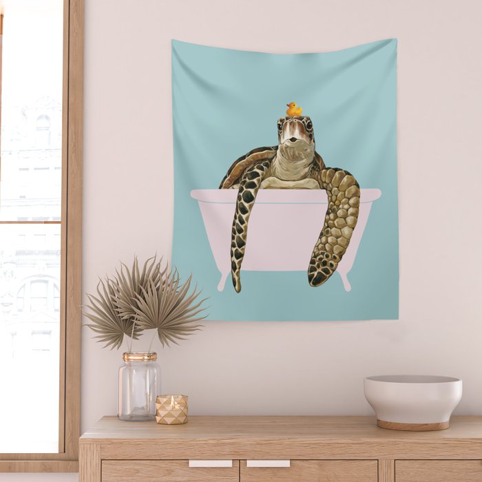 Sea Turtle in Bathtub in Blue Wall Tapestry Gallery Image 2