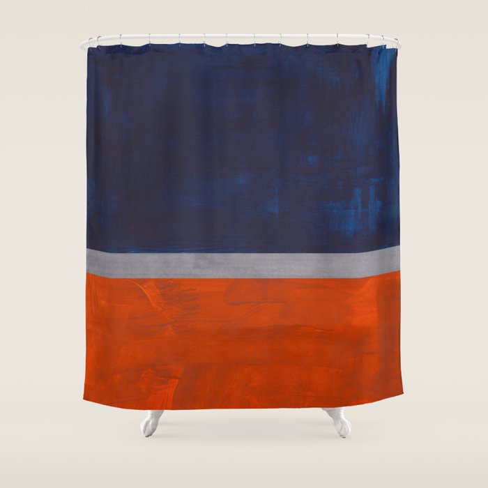 Minimalist Mid Century Rothko Color Field Navy Blue Dark Orange Grey Accent Square Color Block Shower Curtain Gallery Image 1