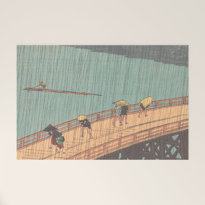 Vintage Japanese Woodblock Print Art - Sudden Shower Over Shin Ohashi Bridge And Atake By Utagawa Hiroshige, 1850's. Welcome Mat Gallery Image 1