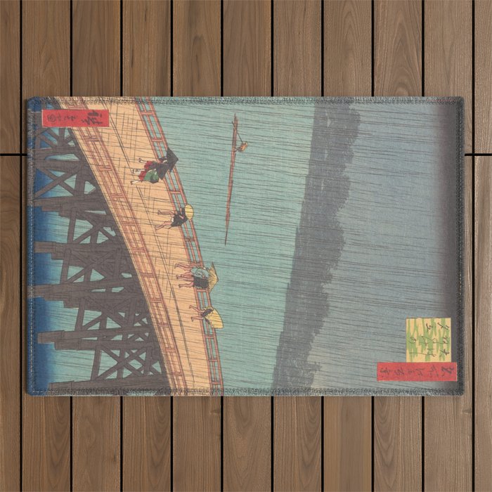 Vintage Japanese Woodblock Print Art - Sudden Shower Over Shin Ohashi Bridge And Atake By Utagawa Hiroshige, 1850's. Outdoor Rug Gallery Image 1