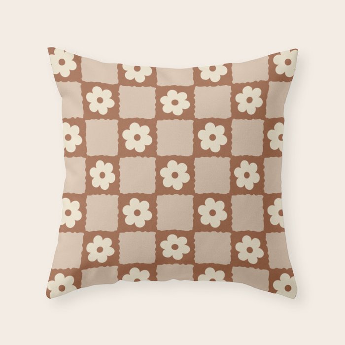 Retro Flower Checker in Brown Throw Pillow Gallery Image 1