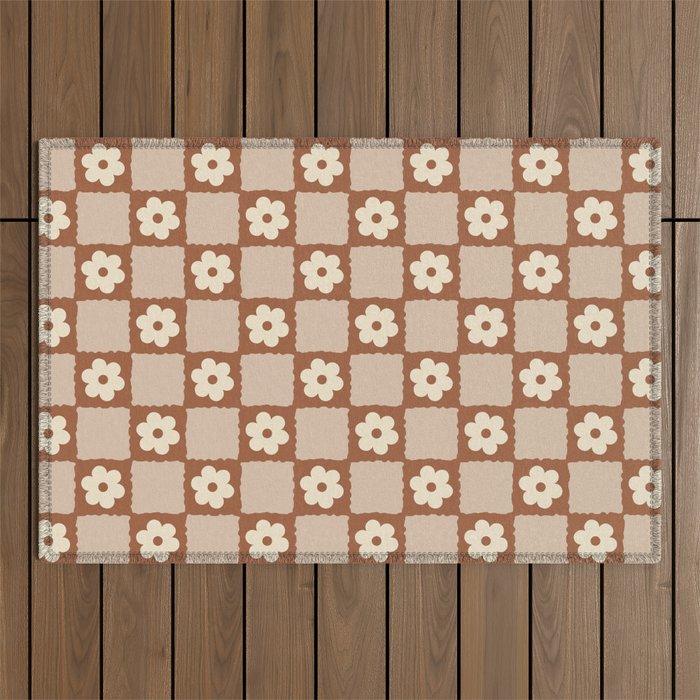 Retro Flower Checker in Brown Outdoor Rug Gallery Image 1