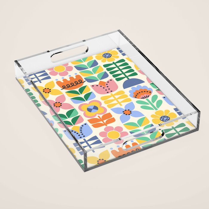 Retro Folk and Floral Colorful Pastel Flower Grid Cream Acrylic Tray Gallery Image 1